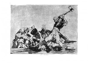 From Goya's Disasters of War, soldier cutting off head. Other Goya drawings show heads on spikes.