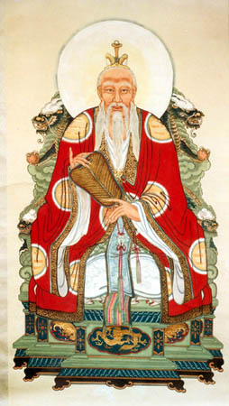 Clearly a fictitious image of Laozi. No one knows what he looked like. The story is Laozi appeared at a border crossing. The guard asked him to write a book of wisdom. Laozi wrote The Way, gave it to the guard who allowed him to cross. Laozi disappeared. This story and The Way are the only evidence of his existence.