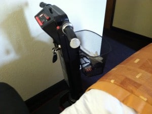 Amigo manufactures this narrow travel scooter shown here in a tight space in a tiny motel room as I traveled nearly 1,000 miles to my daughter Amelia's college graduation.