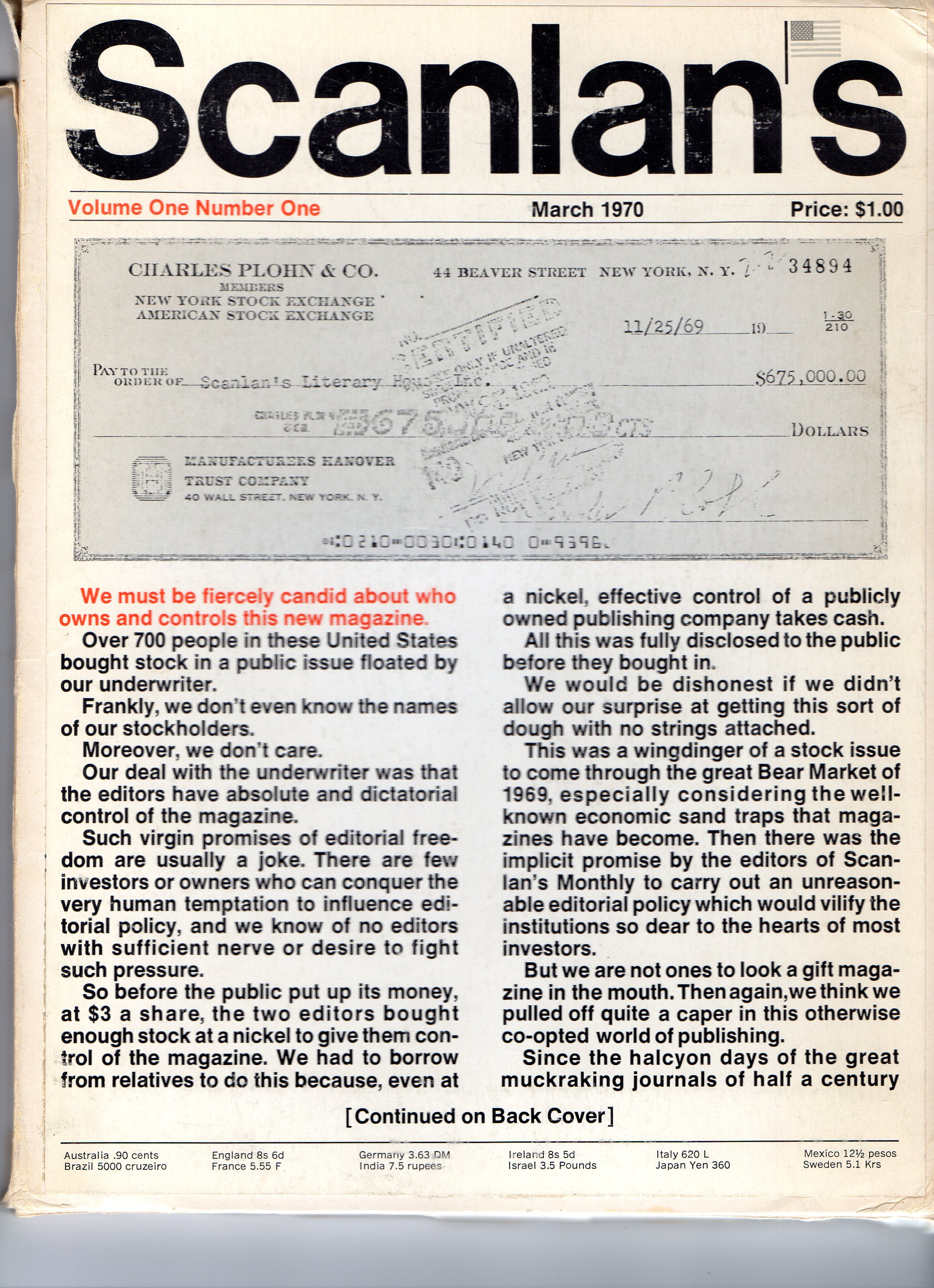 The first issue of Scanlan's Monthly, March 1970
