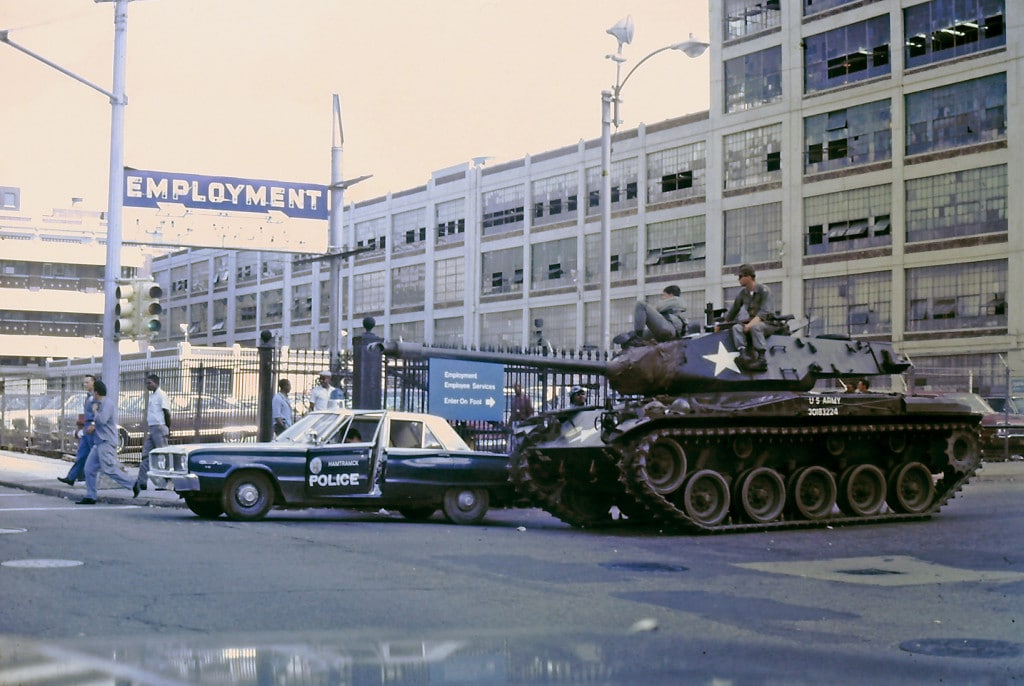 Tanks in the streets of Detroit after the President of the United States sends over 5,000 federal troups to Detroit to stop the riot. Photo courtesy Shorpy Historic Picture Archive