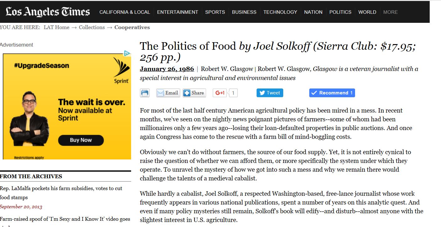 "While hardly a cabalist, Joel Solkoff, a respected Washington-based, free-lance journalist whose work frequently appears in various national publications, spent a number of years on this analytic quest. And even if many policy mysteries still remain, Solkoff's book will edify--and disturb--almost anyone with the slightest interest in U.S. agriculture."